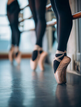 Ballet dancers practicing on pointe shoes at the barre during a graceful dance rehearsal in a softly lit studio with polished wooden floors and mirrored walls