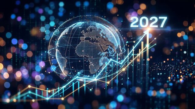 Rising financial graph with digital globe for year 2027. Global economic growth projection, futuristic stock market trend and data visualization concept success.