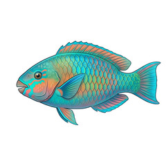 Fototapeta premium Colorful parrotfish illustration with vibrant turquoise scales and orange accents isolated on a white background