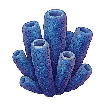 Vibrant blue tube sponge illustration with porous texture and cylindrical shapes isolated on a white background