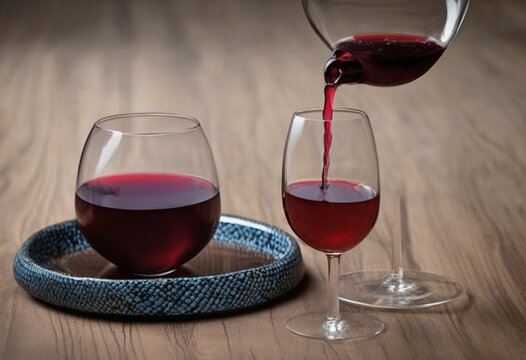 Pouring red wine into two glasses on wooden table