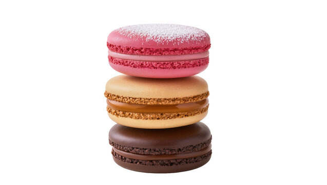 Stacked pink powdered caramel chocolate macarons, isolated on transparent background