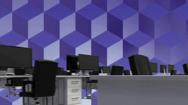Camera movement through modern office space featuring computer desks against purple pattern.