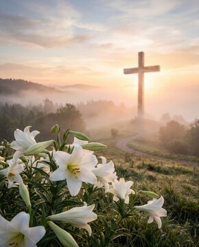 White lilies bloom in the foreground as a wooden cross rises on a misty hill at sunrise, creating a peaceful Easter scene of faith, resurrection, hope, devotion, and spiritual reflection.