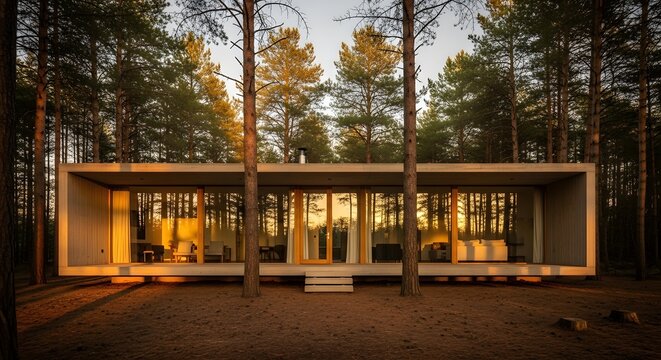 Modern Residence in the Forest: A sleek, contemporary house seamlessly blends into its natural surroundings, its design harmonizing with the towering trees that envelope it. Embodying tranquility.