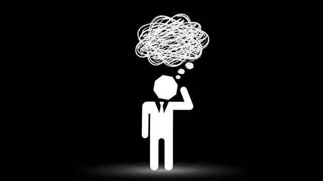 A white stick figure man wearing a tie holds his chin, deeply focused on a muddled and complex thought bubble.