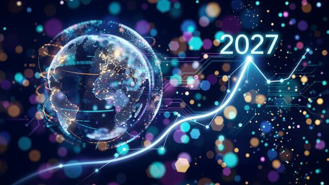 Glowing digital earth with growing trend line for the year 2027. Futuristic innovation concept showing global progress and modern technology for new year holiday.