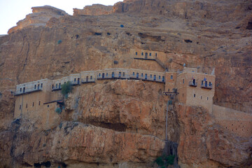 JERICHO ISRAEL: The Monastery of Saint George of Choziba is a Greek Orthodox monastery dramatically built into the cliff face of the Wadi Qelt, a scenic gorge between Jerusalem and Jericho.