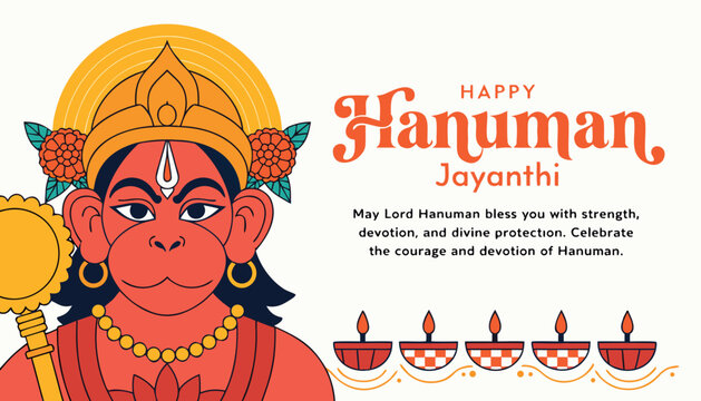 Happy hanuman jayanthi festival celebration banner with illustrative deity portrait and traditional indian oil lamps