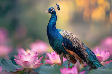 Obraz premium Invitation Wedding Elegant Peacock Among Pink Lotus Flowers in Serene Nature