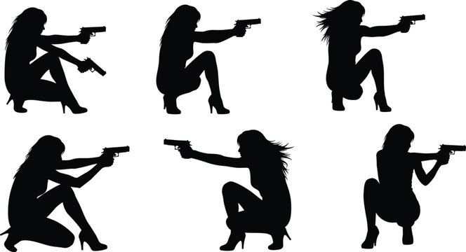 Female action silhouette collection featuring women holding handguns in dynamic poses, tactical stances and dramatic movement isolated on white background for crime and thriller concepts