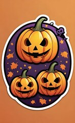 Obraz premium Halloween Sticker Set with Jack-o'-Lantern Pumpkins, Black Cats in Witch Hats, and Bats, Isolated on White Background