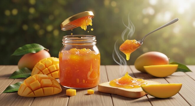 Homemade fruit jam making process featuring ripe mangoes, peaches, and spices on a rustic wooden table. Warm natural lighting enhances the fresh, healthy, and artisanal mood, ideal for food blogs, rec