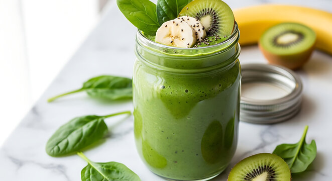 Healthy Green Smoothie with Kiwi, Banana, and Spinach in a Mason Jar