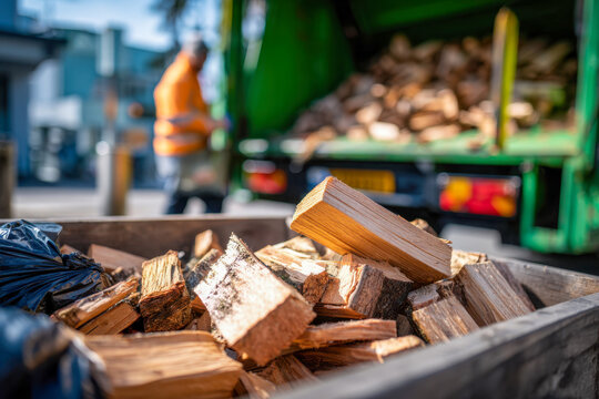Split firewood neatly arranged in a wooden crate with a green delivery truck and worker in safety vest blurred in the background on a sunny day outdoors