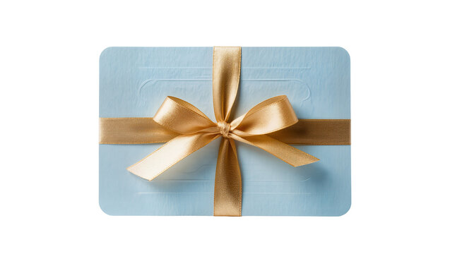 Blue gift card with golden bow, isolated on transparent background for gifts
