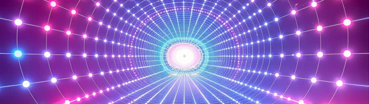 Traveling through a glowing grid creating a virtual passage. Futuristic network lines merging towards a bright portal.