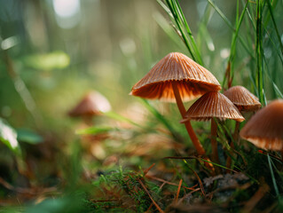 Fototapeta premium A cluster of delicate brown mushrooms growing among green grass and moss in a softly lit forest floor environment during daytime sunlight filtering through trees