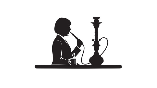 Woman silhouette using a hookah pipe with a cup of coffee on a table, black and white illustration. featuring smoking, shisha, nargile with