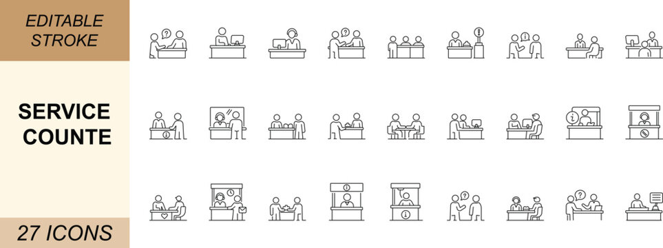Service counter line icon set featuring help desk, customer support, ticket and reception symbols in minimal vector style for web, mobile apps and service interfaces. Editable.