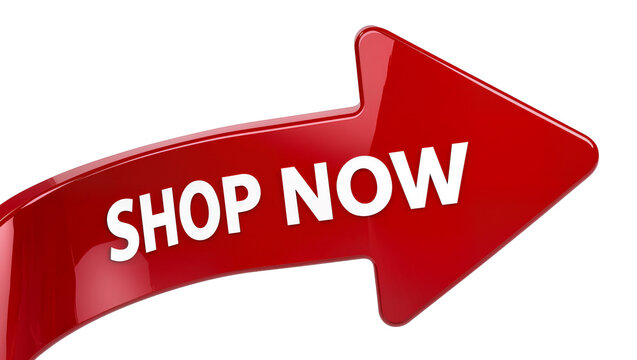 Red glossy curved arrow with white SHOP NOW text, isolated on transparent background