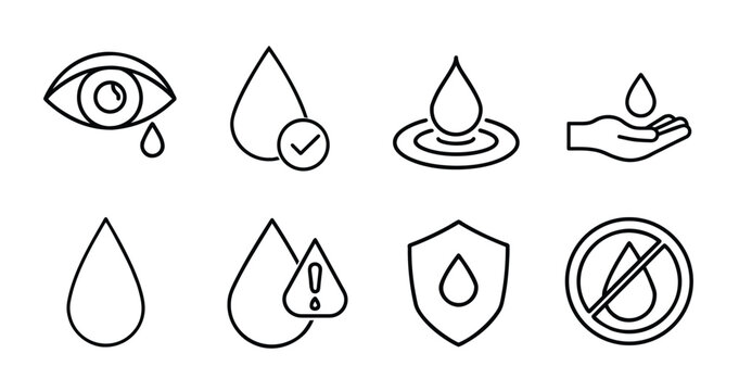 Water drop and eye care outline icon set featuring crying eye with tear, ripple droplet, water warning alert, protective shield, and quality check vector illustration