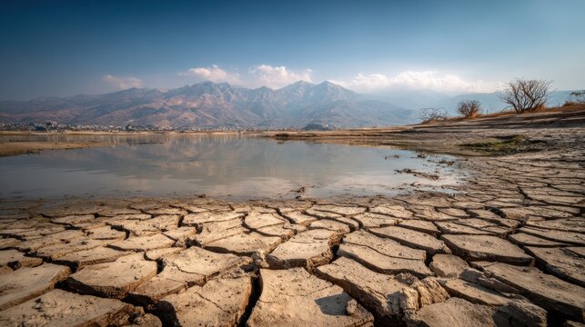 Severe drought landscape with cracked earth, dry lake bed, and reflections of distant mountains under a clear blue sky.