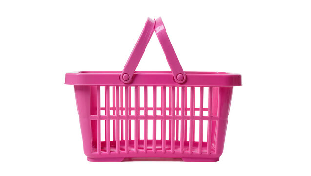 Vibrant pink plastic miniature shopping basket with two movable handles, isolated on transparent background for retail concepts