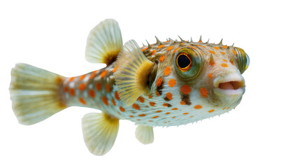 Spiky orange-spotted pufferfish with wide eyes, isolated on transparent background © Andrej