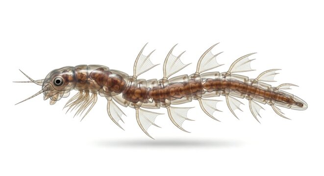 A translucent mysis shrimp with prominent antennae and feathery legs glides gracefully on a white background.