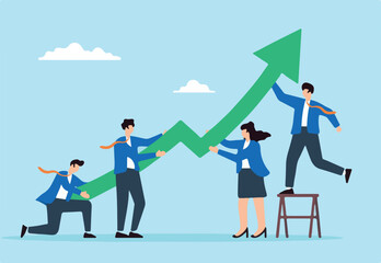 Fototapeta premium Flat illustration of business people push green growth chart arrow upward teamwork help improve company increase success efficiency.