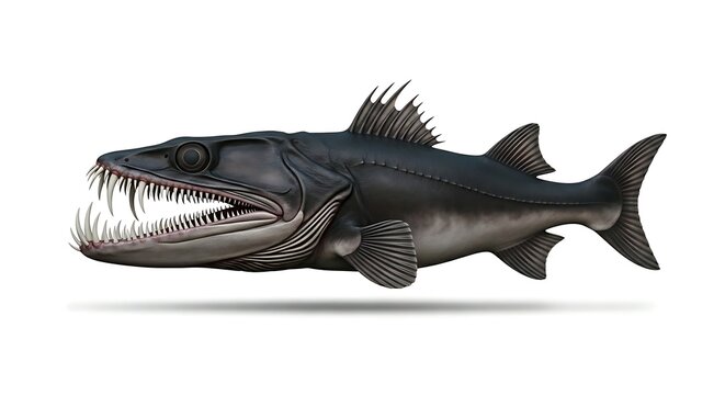 A terrifying viperfish with incredibly long, needle-sharp teeth and luminescent organs stares menacingly on white.