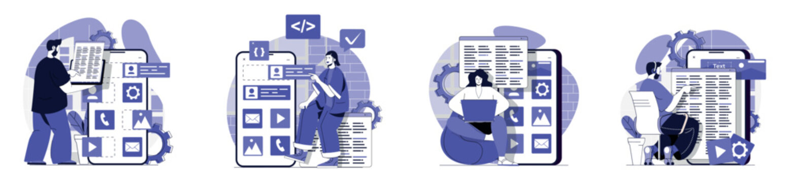 App development concept set for web design. Collection with people programming mobile phone layouts, building program buttons and elements, testing and releasing products . Vector illustration.