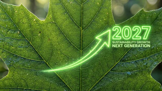 Glowing arrow on green leaf with 2027 text. Sustainability development concept for New Year. Ecological progress growth chart for future environmental strategy.