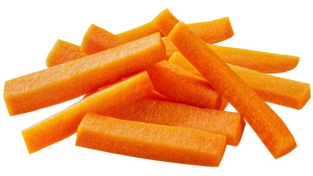 Uniformly cut raw orange carrot sticks isolated on transparent background
