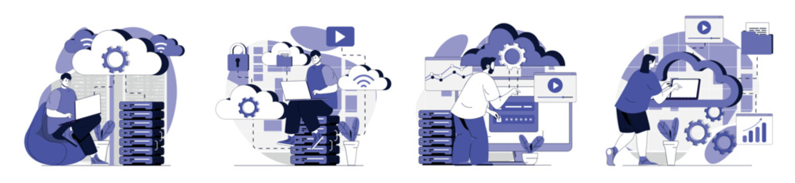 Cloud computing concept set for web design. Collection with people using online server storage technology, making data backup and files archive, working with database system. Vector illustration.