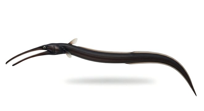 A unique and elongated gulper eel, also known as pelican eel, with its distinctive long jaws on white.
