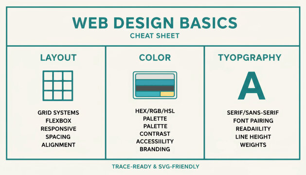 Web design basics cheat sheet infographic. Layout color and typography educational poster. Flat vector illustration for UI UX designers