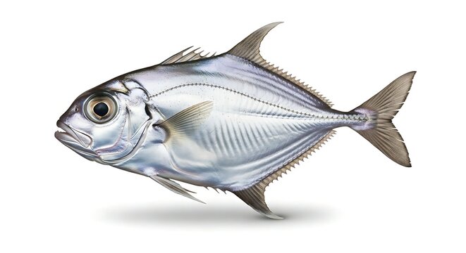 A striking silver lookdown fish, recognized by its compressed body and distinctive head profile on a white background.