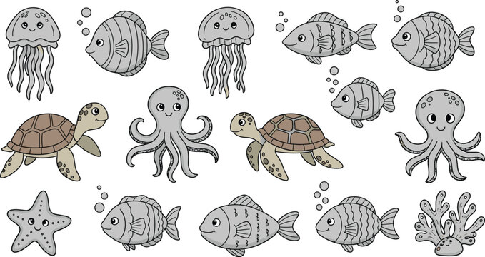 Cute Sea Creatures Collection with Jellyfish, Fish, Octopus, Turtle, Starfish, and Underwater Life Illustrations