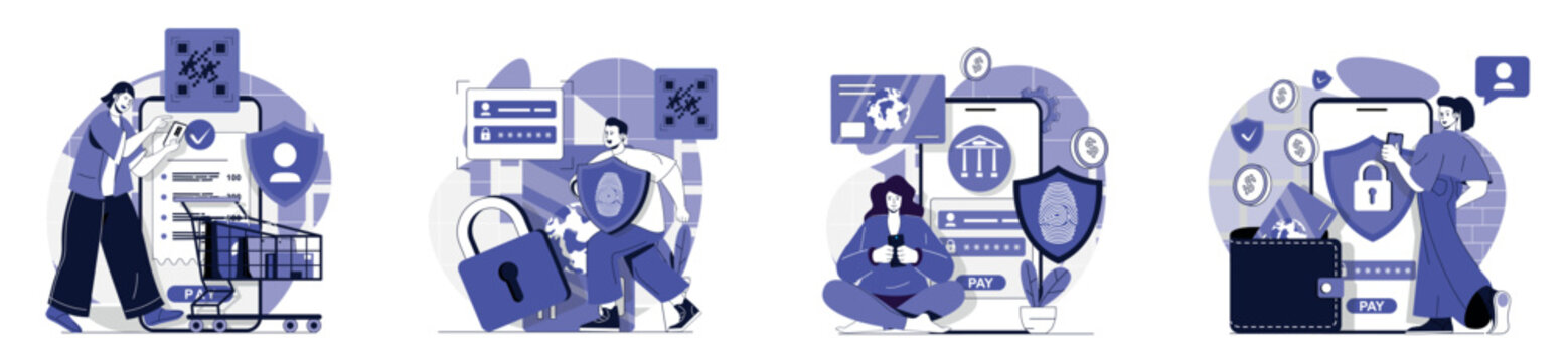 Secure payment concept set for web design. Collection with people making internet shopping with paying protect service, ordering online with safety money transaction technology. Vector illustration.