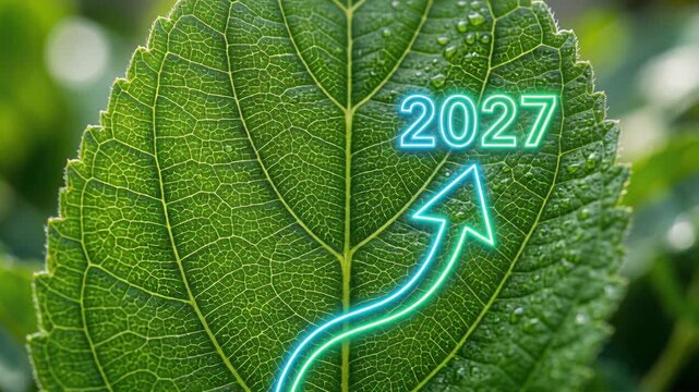 Glowing arrow pointing at 2027 text on a green leaf. Conceptual growth symbol for New Year celebration. Nature meeting technology for future progression vision.