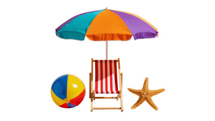 Vibrant multi-colored beach umbrella striped wooden deck chair colorful beach ball and natural starfish, isolated on transparent background © Nina
