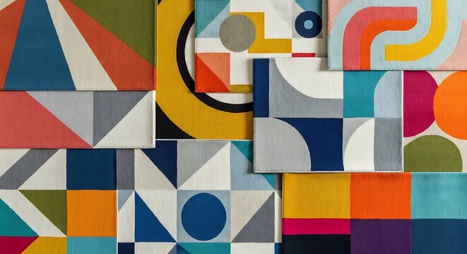 Vibrant geometric shapes and colorful patterns on square tiles side by side