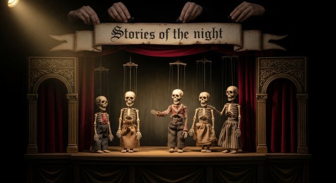 Skeleton Puppet Show on Stage - A creative scene featuring skeleton puppets performing under a banner that reads Stories of the Night. Ideal for Halloween themes or puppet shows.