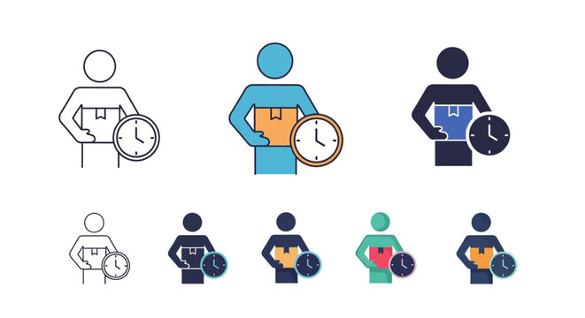 Delivery person holding clock icons in various styles for timely shipping concept