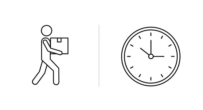 Silhouette of a courier delivering package and a clock symbolizing timely delivery