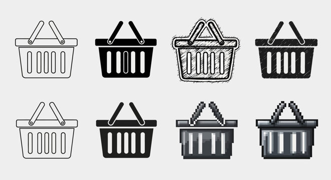 Variety of shopping basket icons in different artistic styles