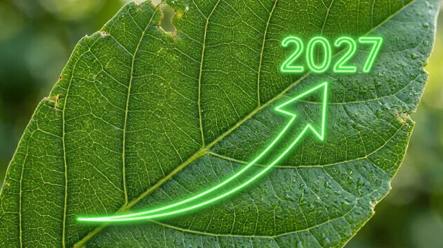 Green neon growth arrow pointing towards year 2027 on a natural leaf surface. Ecological progress concept, sustainable future development for new year celebration.