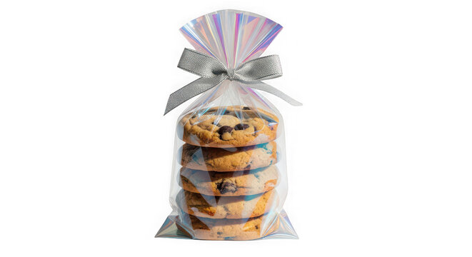 A clear plastic bag filled with chocolate chip cookies tied with a silver bow on transparent background